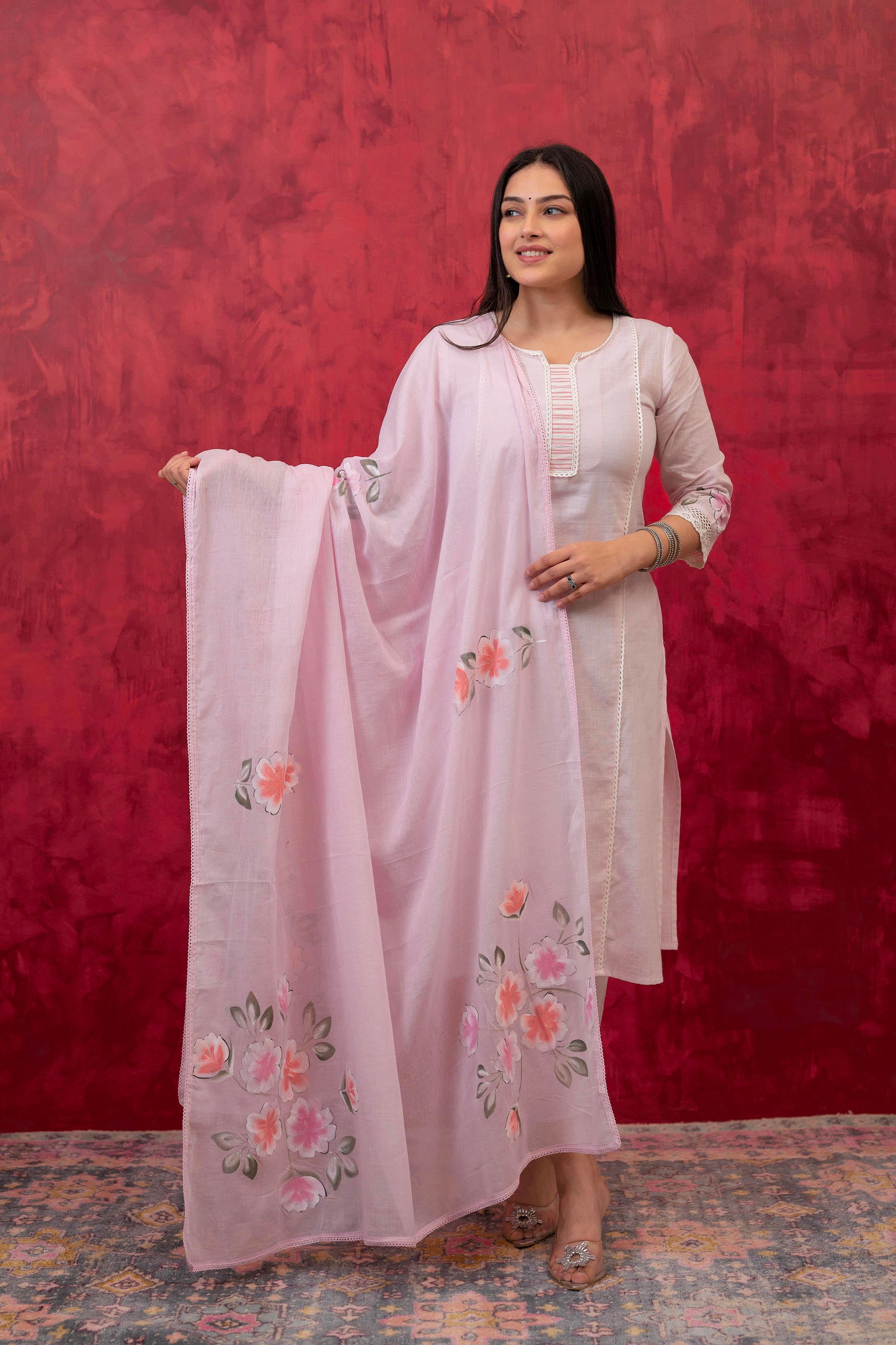 Lavender Cotton Slub Kurta-Pant Set with Lace Work & Floral Print Dupatta
