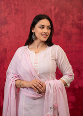 Lavender Cotton Slub Kurta-Pant Set with Lace Work & Floral Print Dupatta-P1319LAVENDER