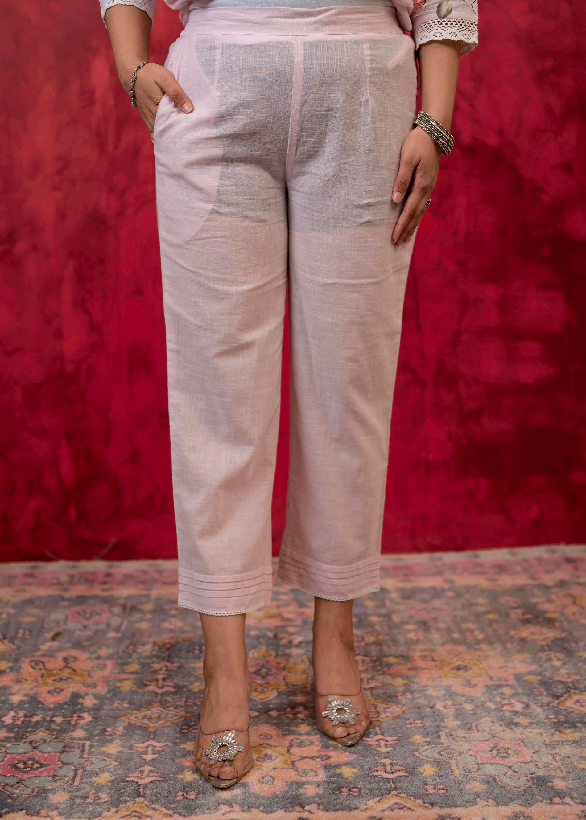 Lavender Cotton Slub Kurta-Pant Set with Lace Work & Floral Print Dupatta