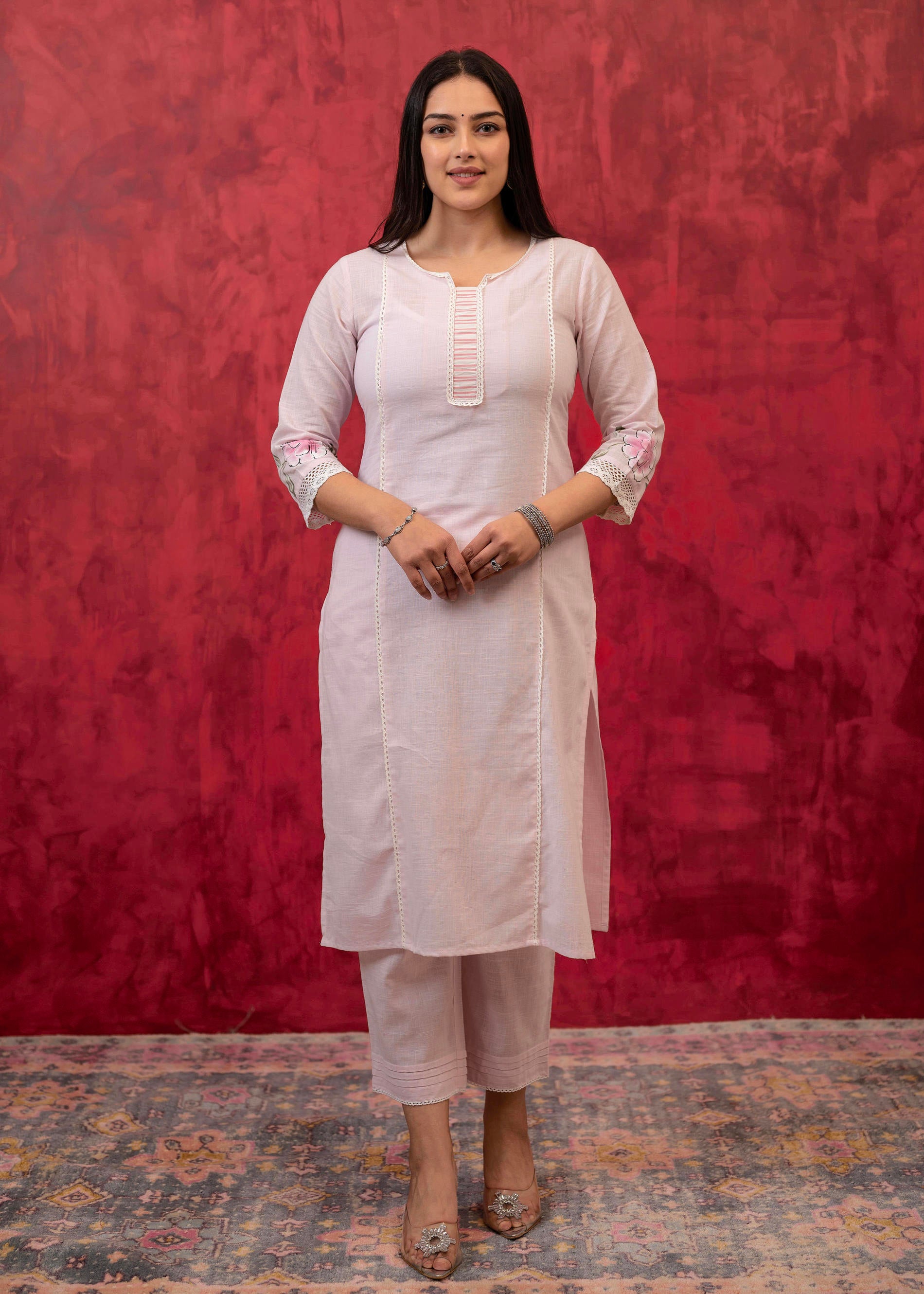 Lavender Cotton Slub Kurta-Pant Set with Lace Work & Floral Print Dupatta