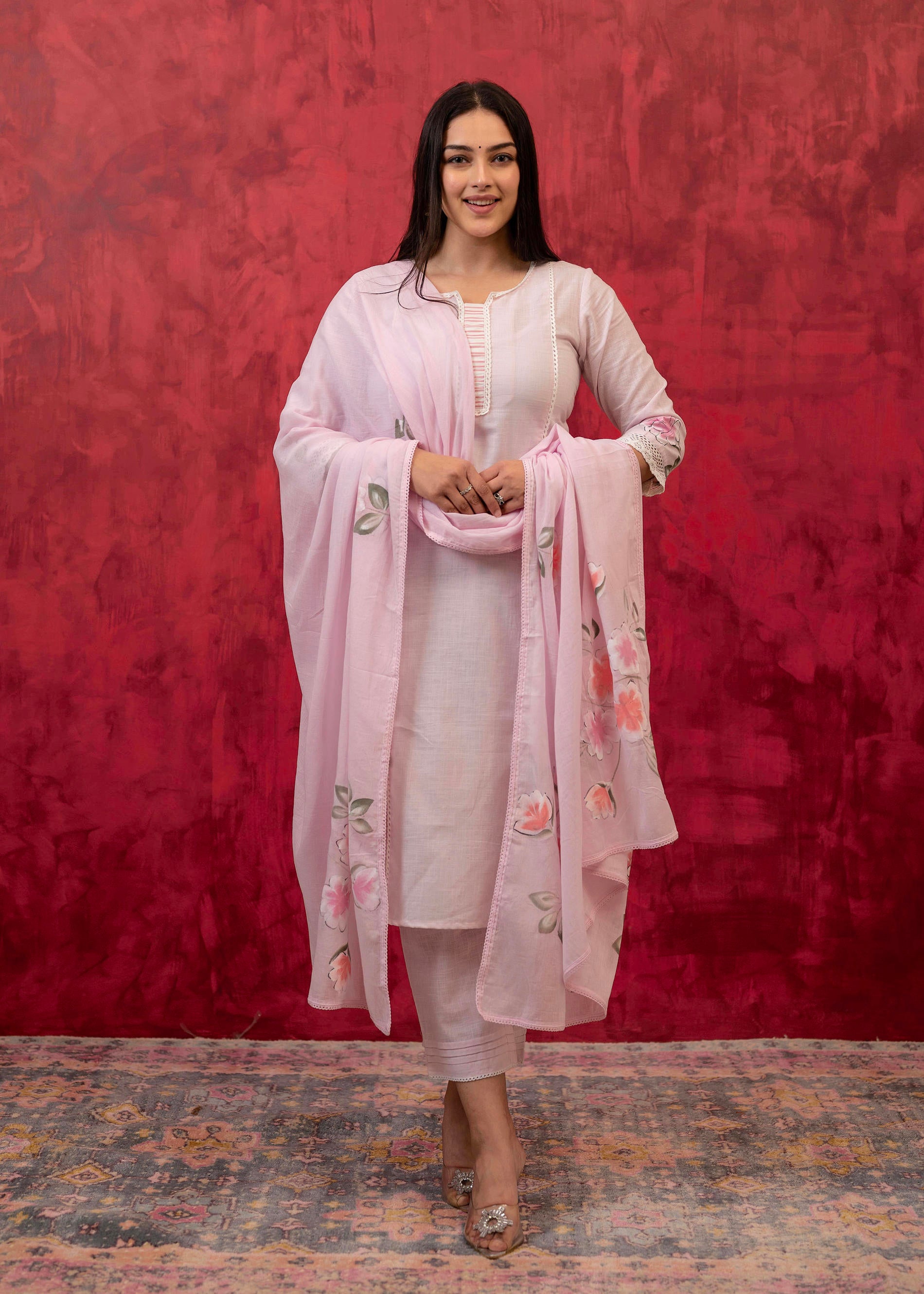 Lavender Cotton Slub Kurta-Pant Set with Lace Work & Floral Print Dupatta