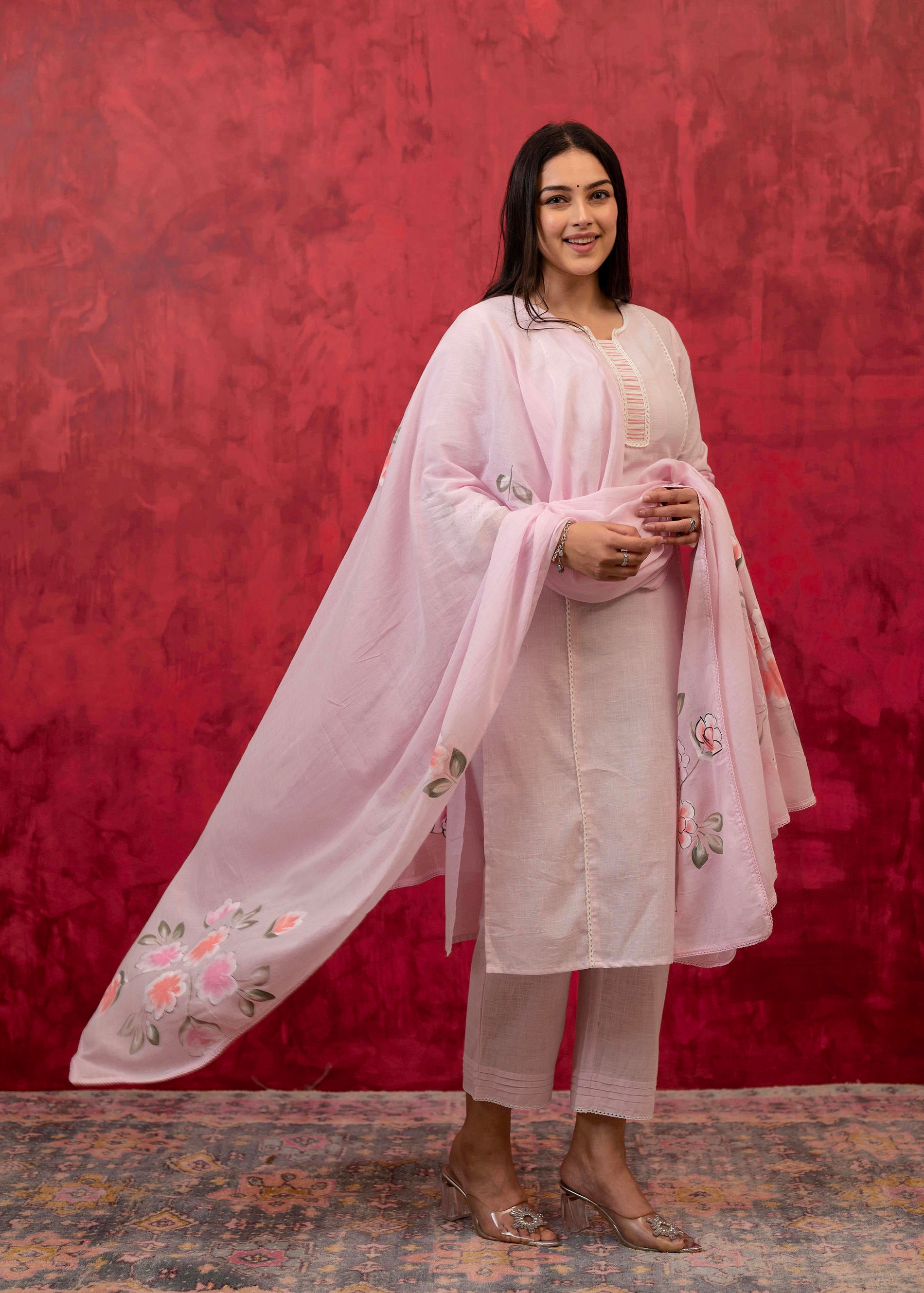 Lavender Cotton Slub Kurta-Pant Set with Lace Work & Floral Print Dupatta