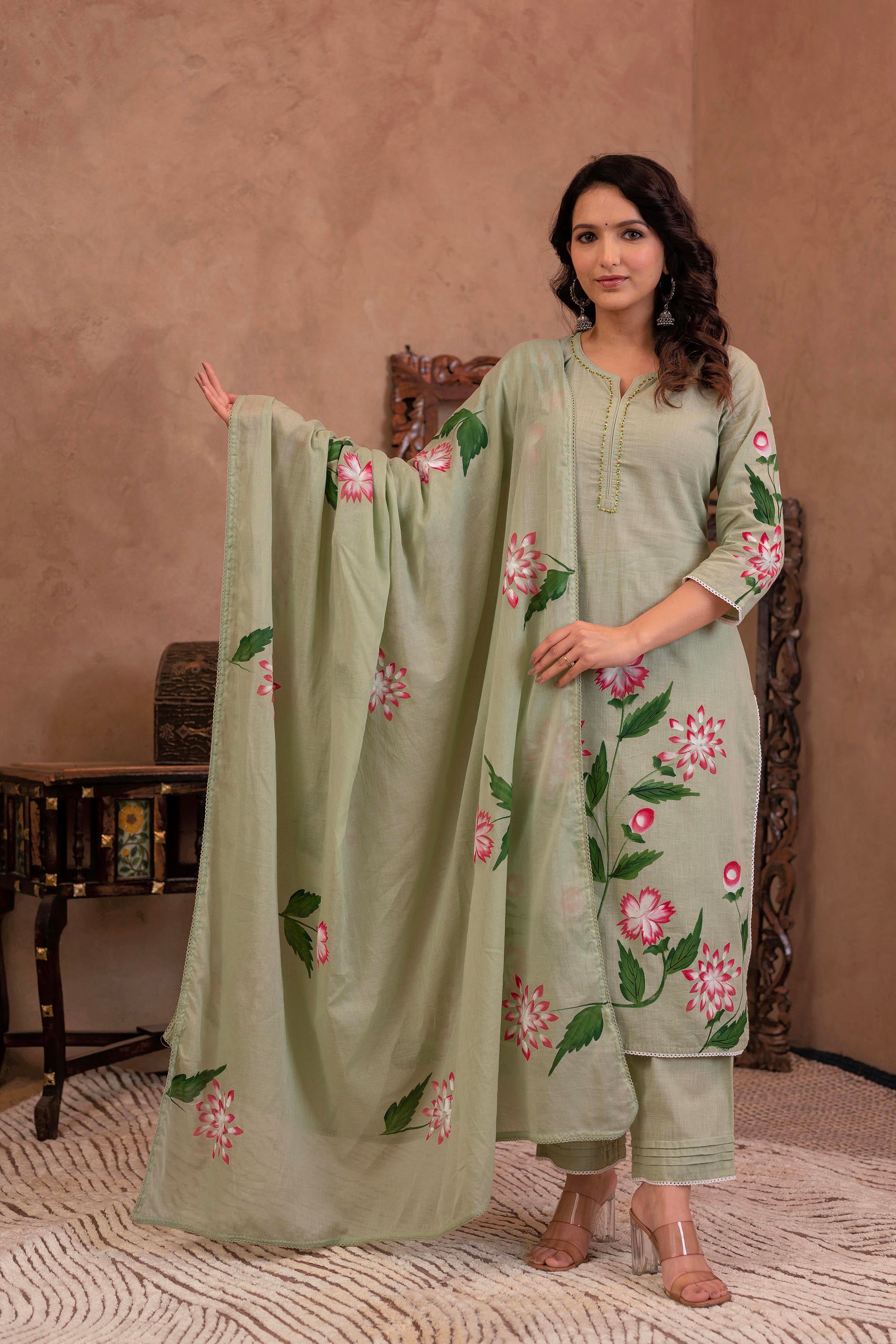 Mint Cotton Slub Floral Printed Kurta-Pant & Dupatta Set with Lace, Sequins & Bead Work