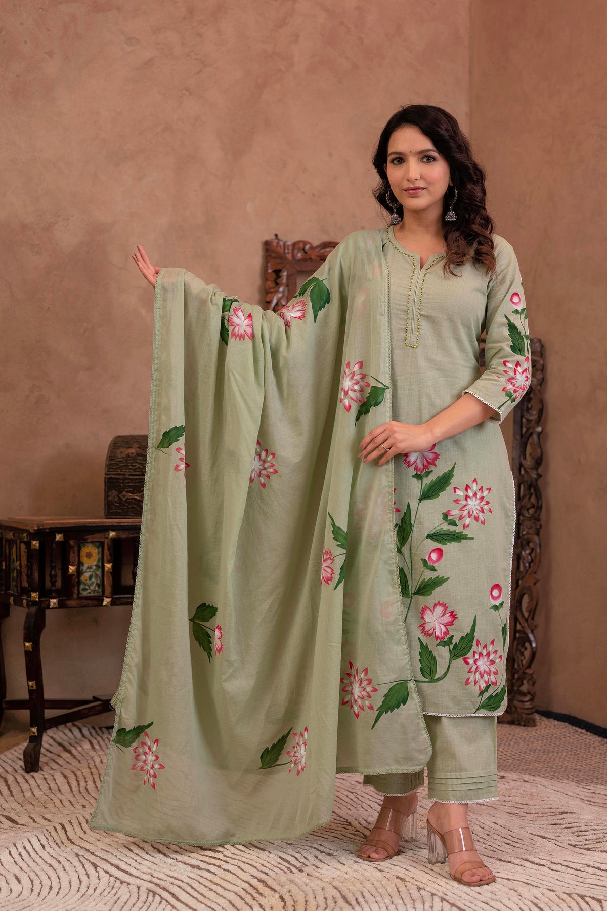 Mint Cotton Slub Floral Printed Kurta-Pant & Dupatta Set with Lace, Sequins & Bead Work-P1320MINT