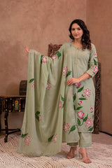 Mint Cotton Slub Floral Printed Kurta-Pant & Dupatta Set with Lace, Sequins & Bead Work-P1320MINT