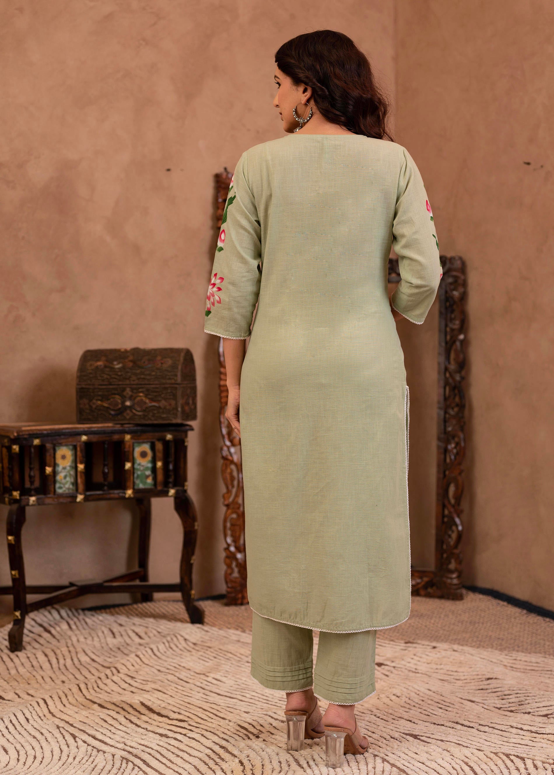 Mint Cotton Slub Floral Printed Kurta-Pant & Dupatta Set with Lace, Sequins & Bead Work