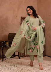 Mint Cotton Slub Floral Printed Kurta-Pant & Dupatta Set with Lace, Sequins & Bead Work-P1320MINT