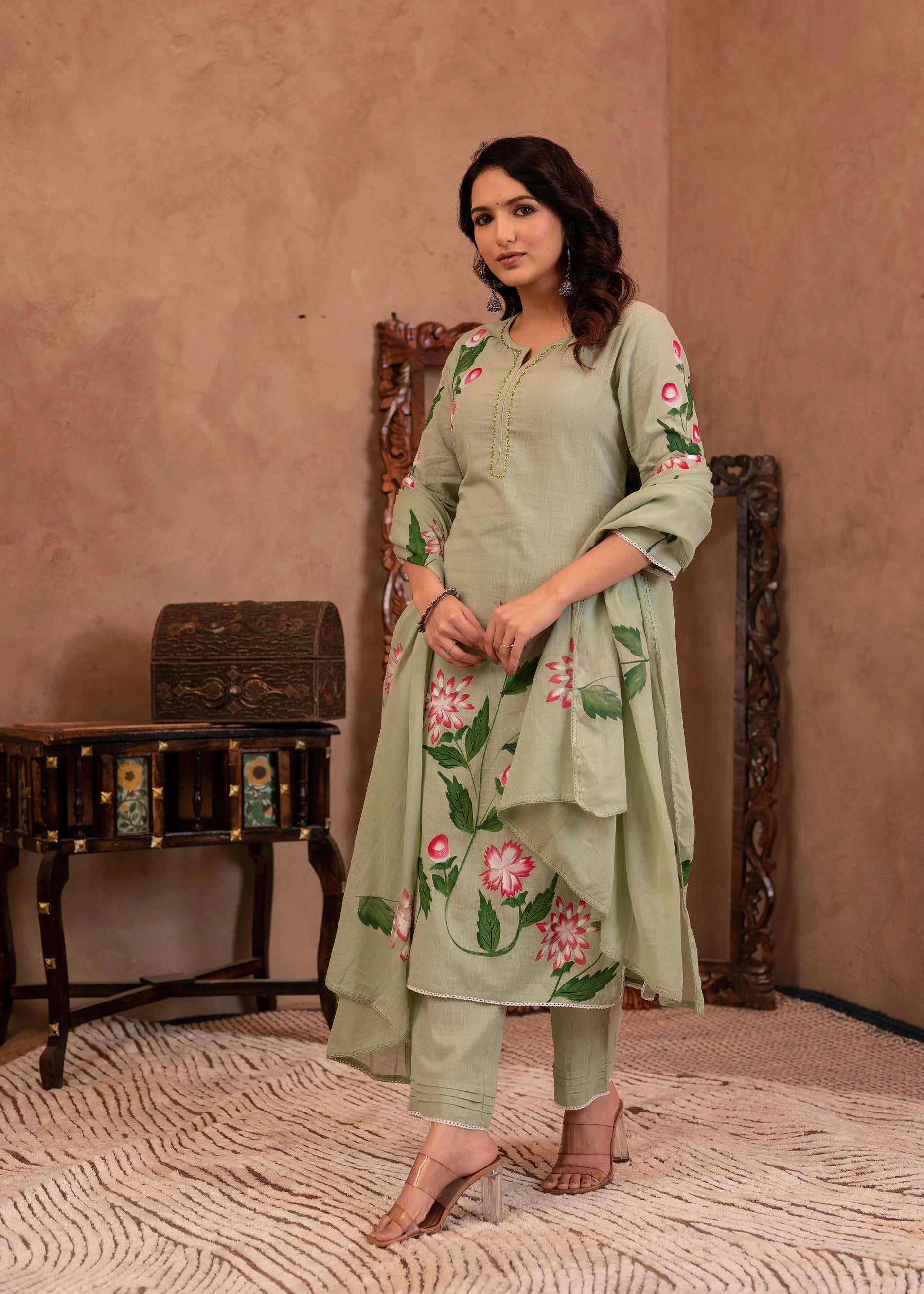 Mint Cotton Slub Floral Printed Kurta-Pant & Dupatta Set with Lace, Sequins & Bead Work
