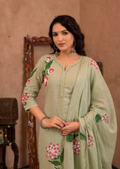 Mint Cotton Slub Floral Printed Kurta-Pant & Dupatta Set with Lace, Sequins & Bead Work-P1320MINT