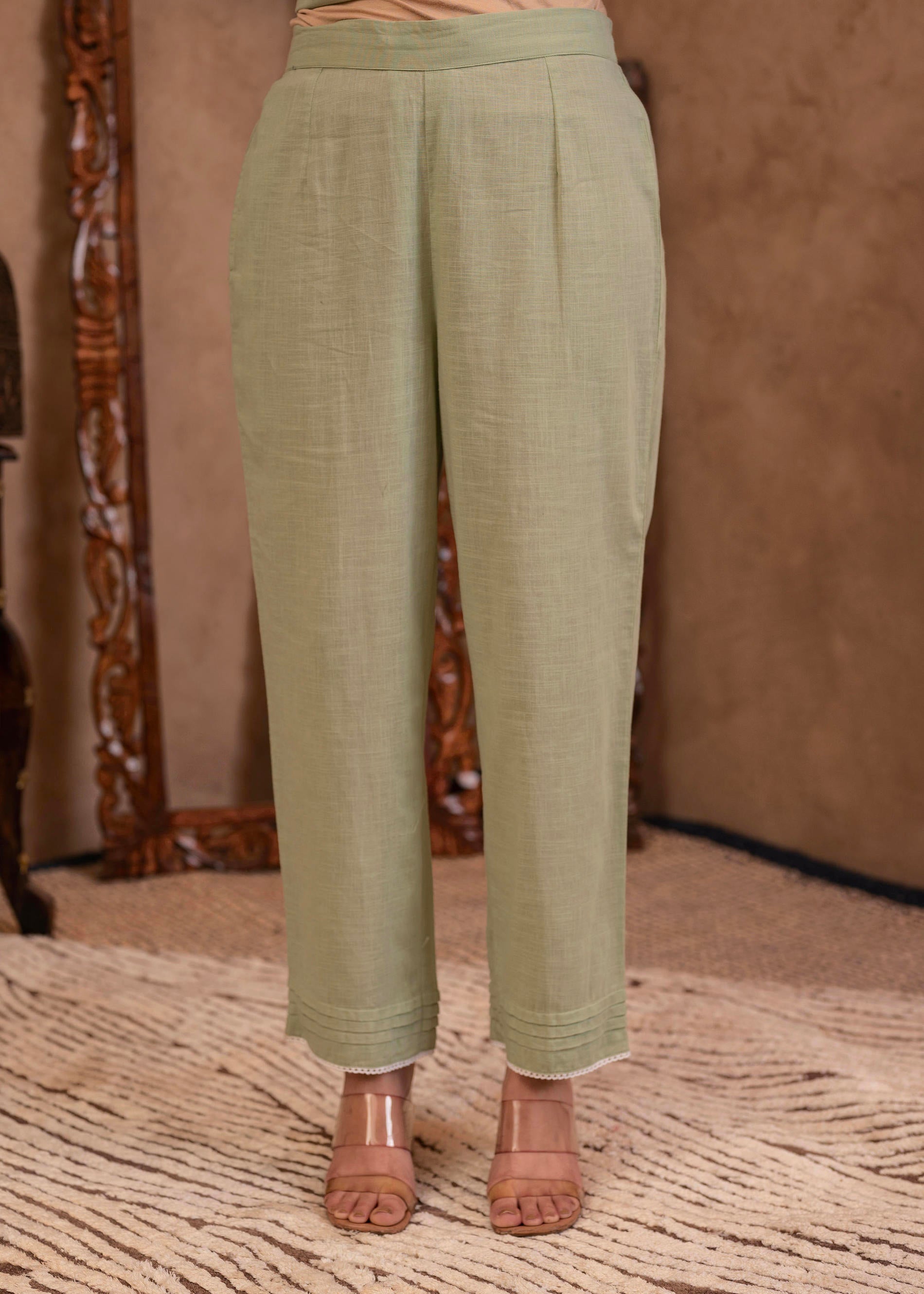 Mint Cotton Slub Floral Printed Kurta-Pant & Dupatta Set with Lace, Sequins & Bead Work