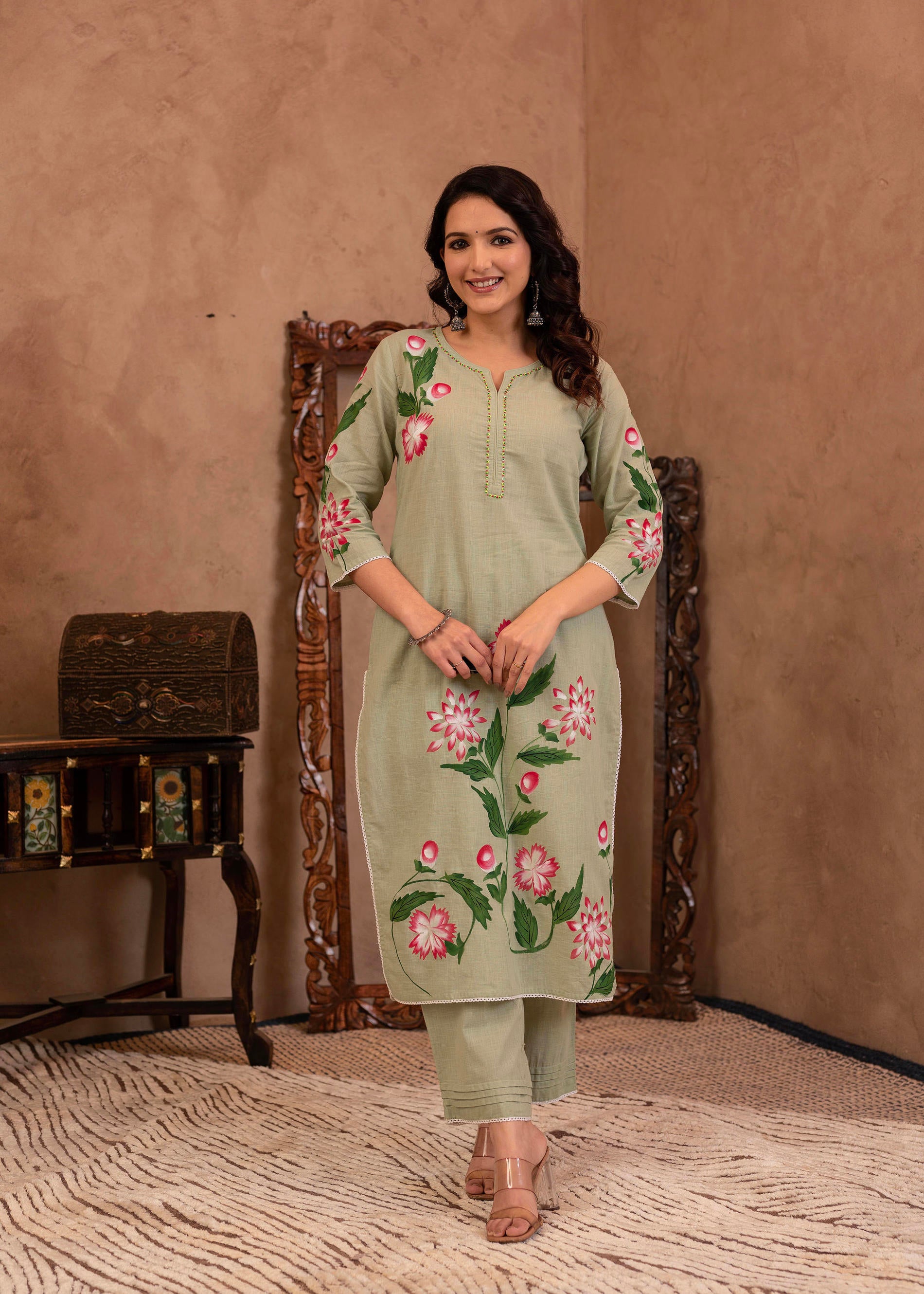 Mint Cotton Slub Floral Printed Kurta-Pant & Dupatta Set with Lace, Sequins & Bead Work