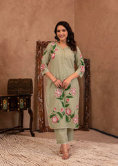 Mint Cotton Slub Floral Printed Kurta-Pant & Dupatta Set with Lace, Sequins & Bead Work-P1320MINT