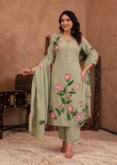 Mint Cotton Slub Floral Printed Kurta-Pant & Dupatta Set with Lace, Sequins & Bead Work-P1320MINT
