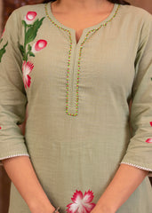 Mint Cotton Slub Floral Printed Kurta-Pant & Dupatta Set with Lace, Sequins & Bead Work-P1320MINT