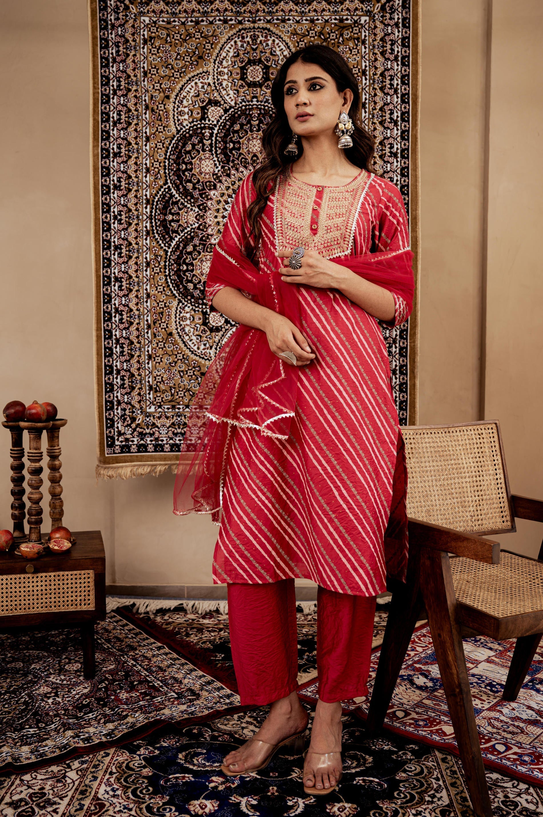 Maroon Bandhej Print Kurta Set with Embroidered Yoke and Net Dupatta |