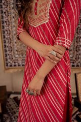 Maroon Bandhej Print Kurta Set with Embroidered Yoke and Net Dupatta