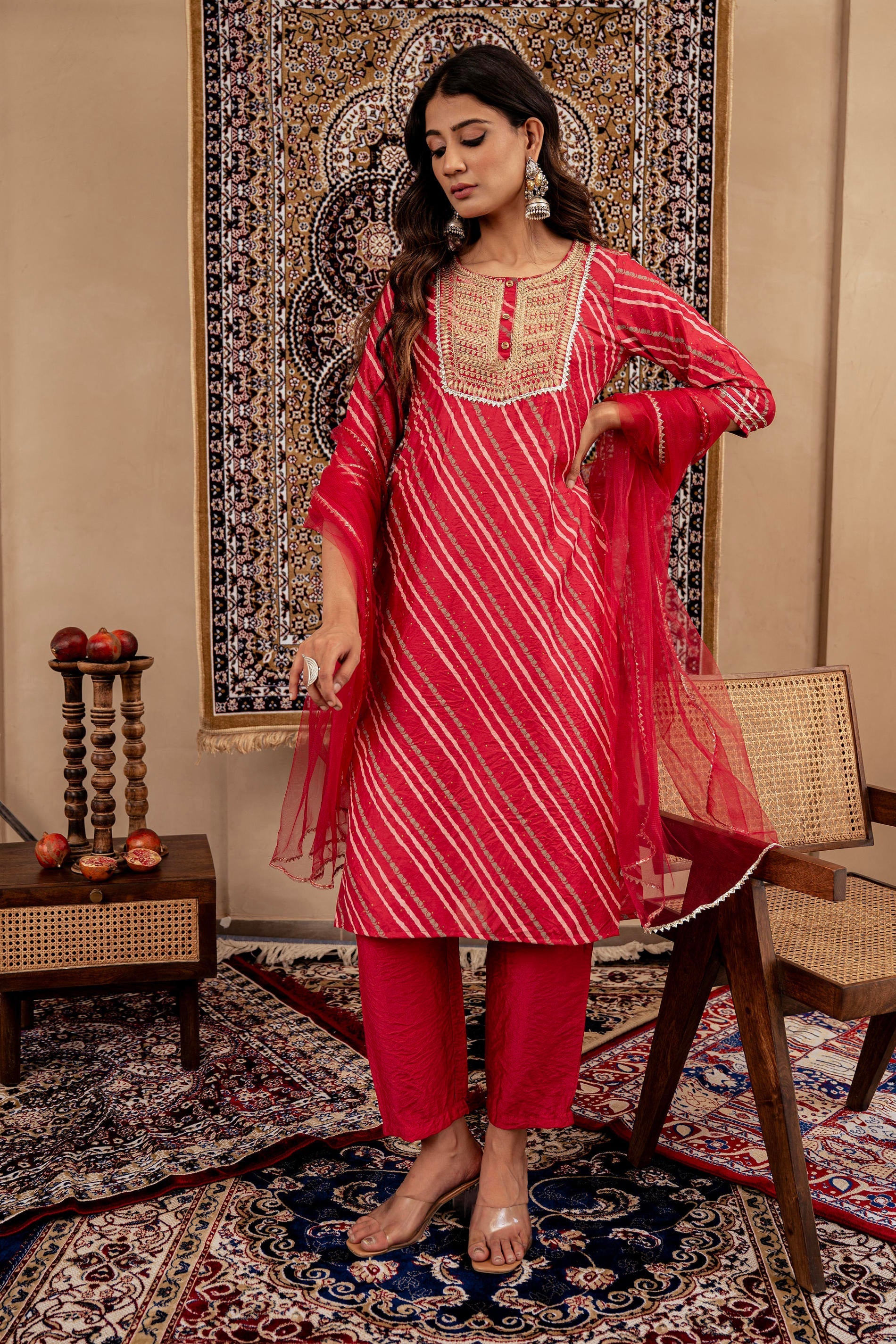 Maroon Bandhej Print Kurta Set with Embroidered Yoke and Net Dupatta |