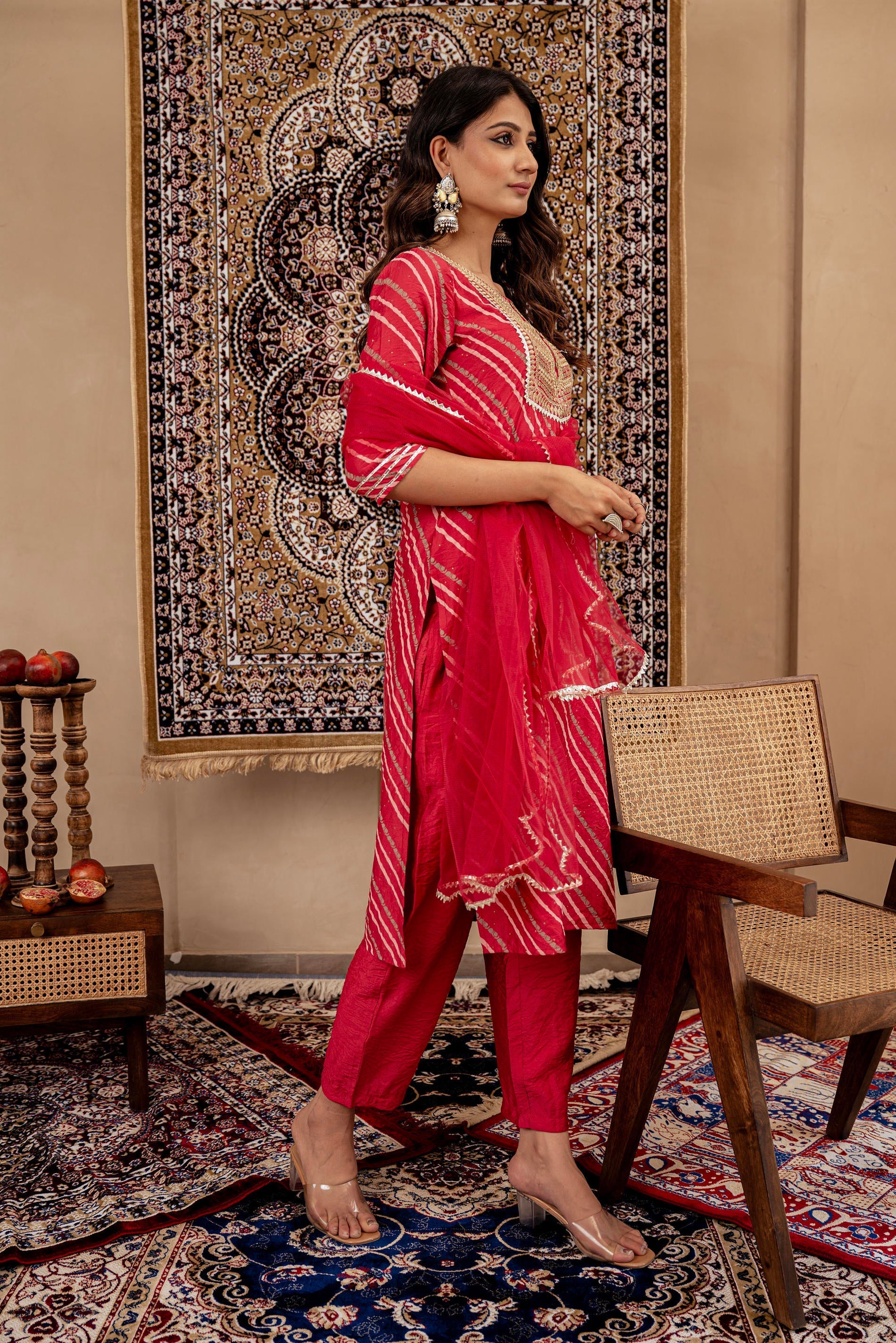 Maroon Bandhej Print Kurta Set with Embroidered Yoke and Net Dupatta |