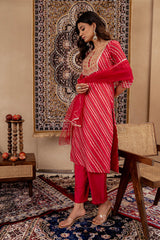 Maroon Bandhej Print Kurta Set with Embroidered Yoke and Net Dupatta