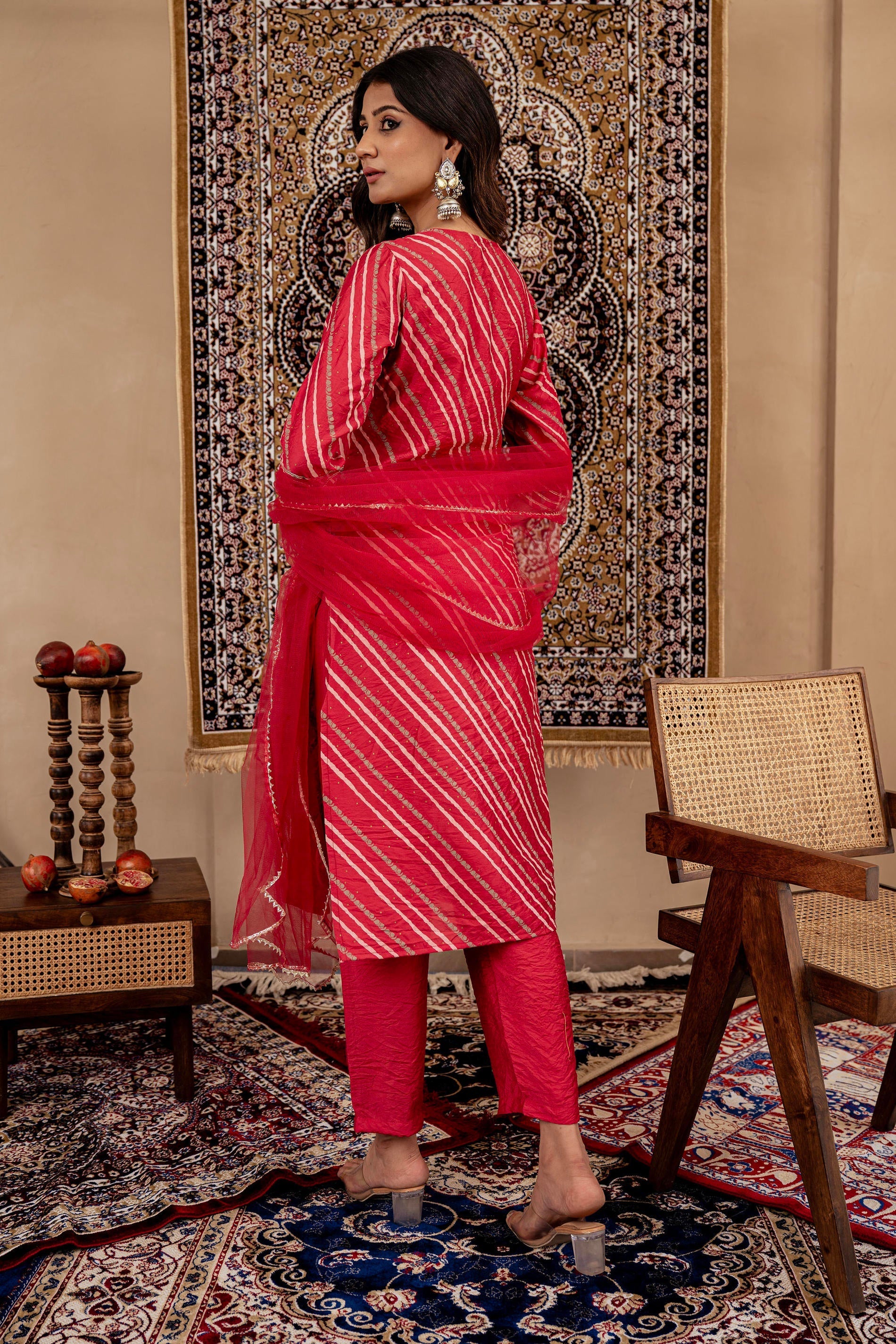 Maroon Bandhej Print Kurta Set with Embroidered Yoke and Net Dupatta |