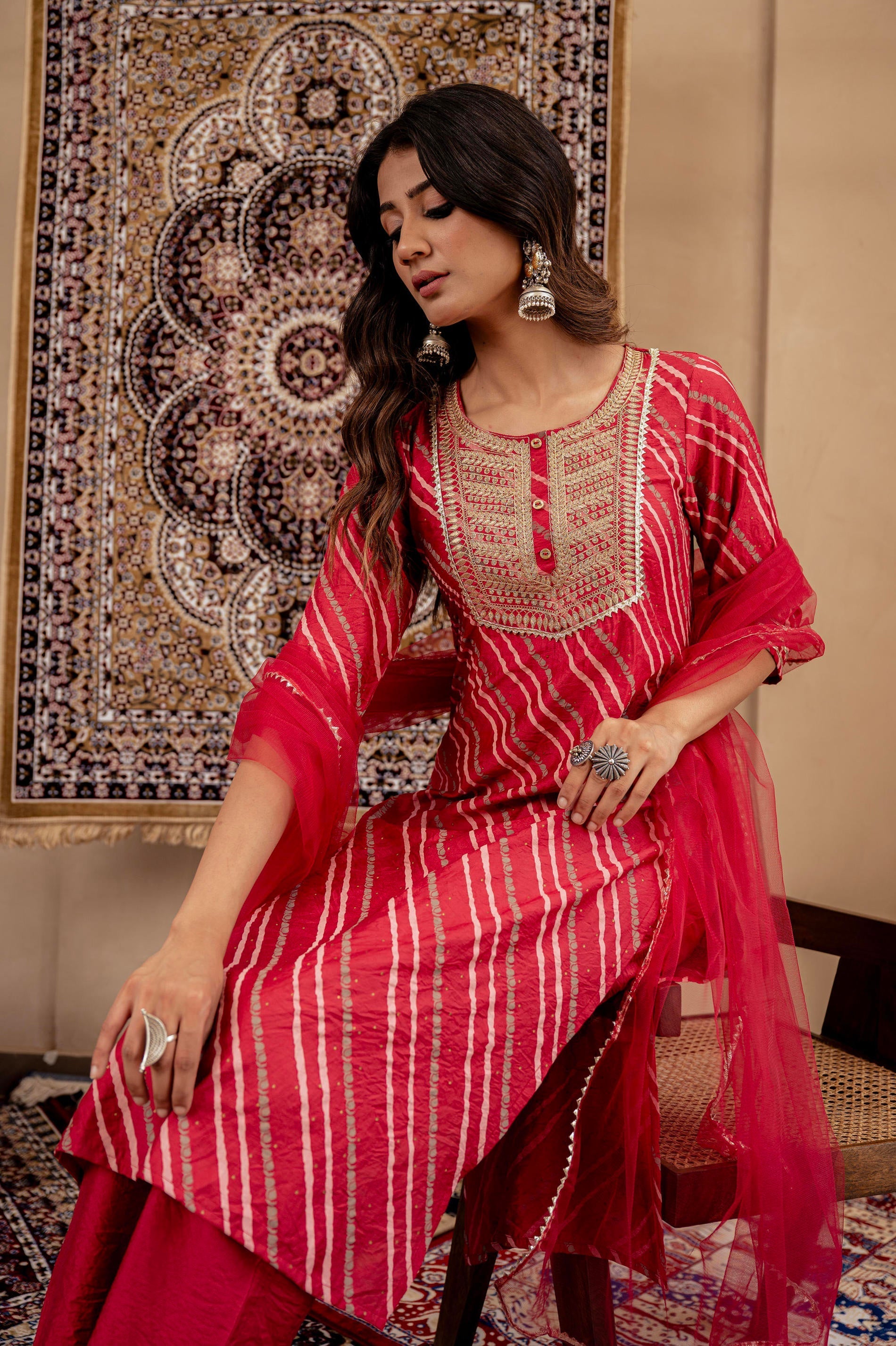 Maroon Bandhej Print Kurta Set with Embroidered Yoke and Net Dupatta |
