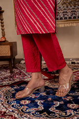 Maroon Bandhej Print Kurta Set with Embroidered Yoke and Net Dupatta