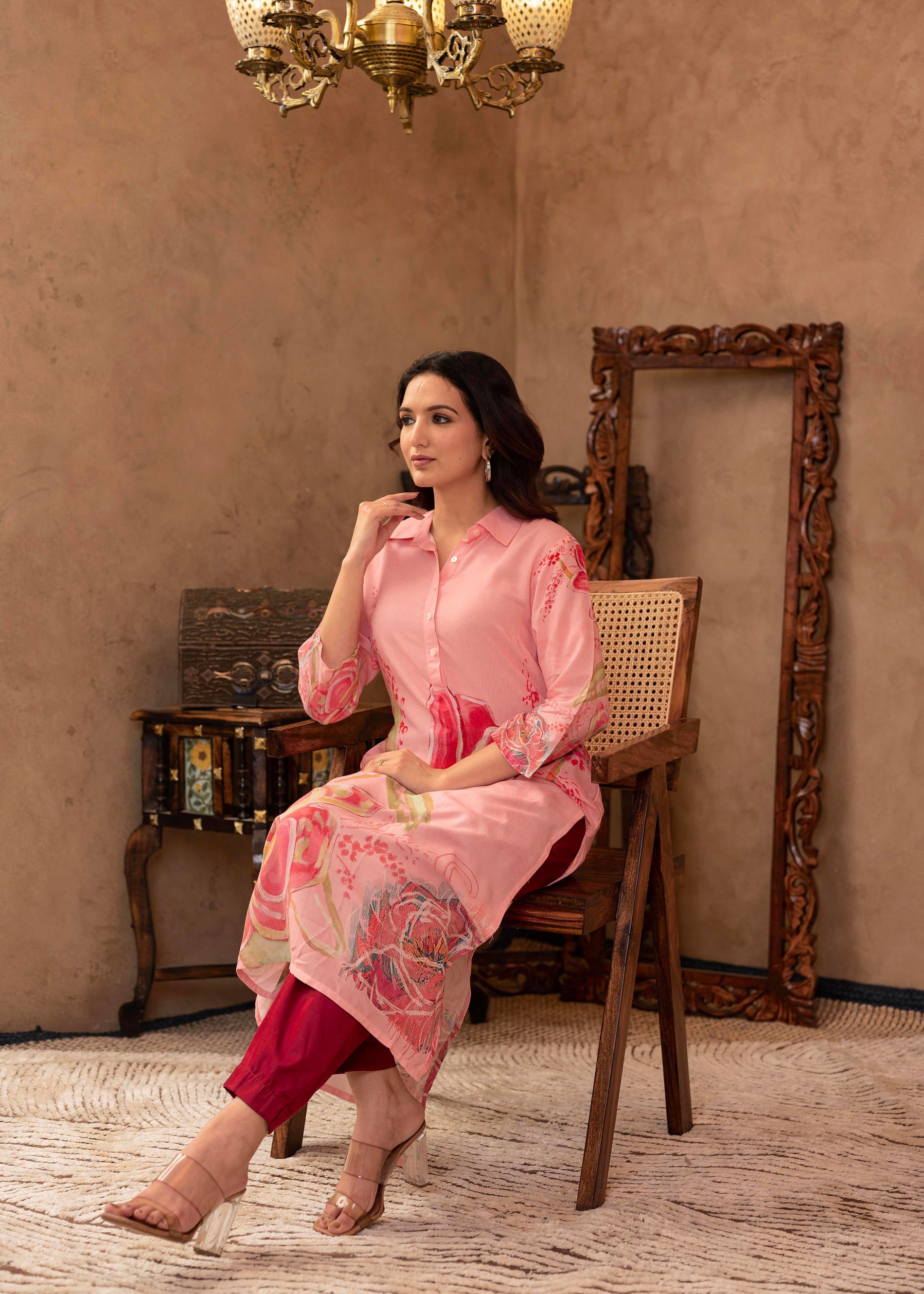 Pink Floral Printed Viscose Kurta with Button Detailing