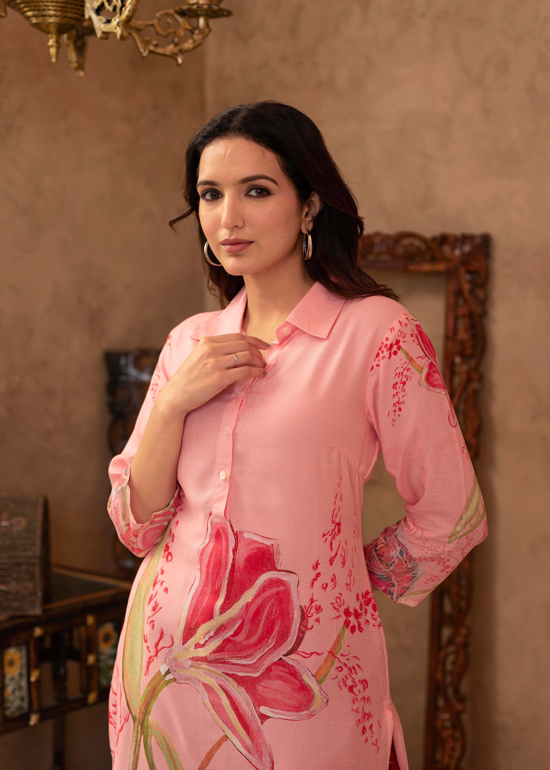 Pink Floral Printed Viscose Kurta with Button Detailing