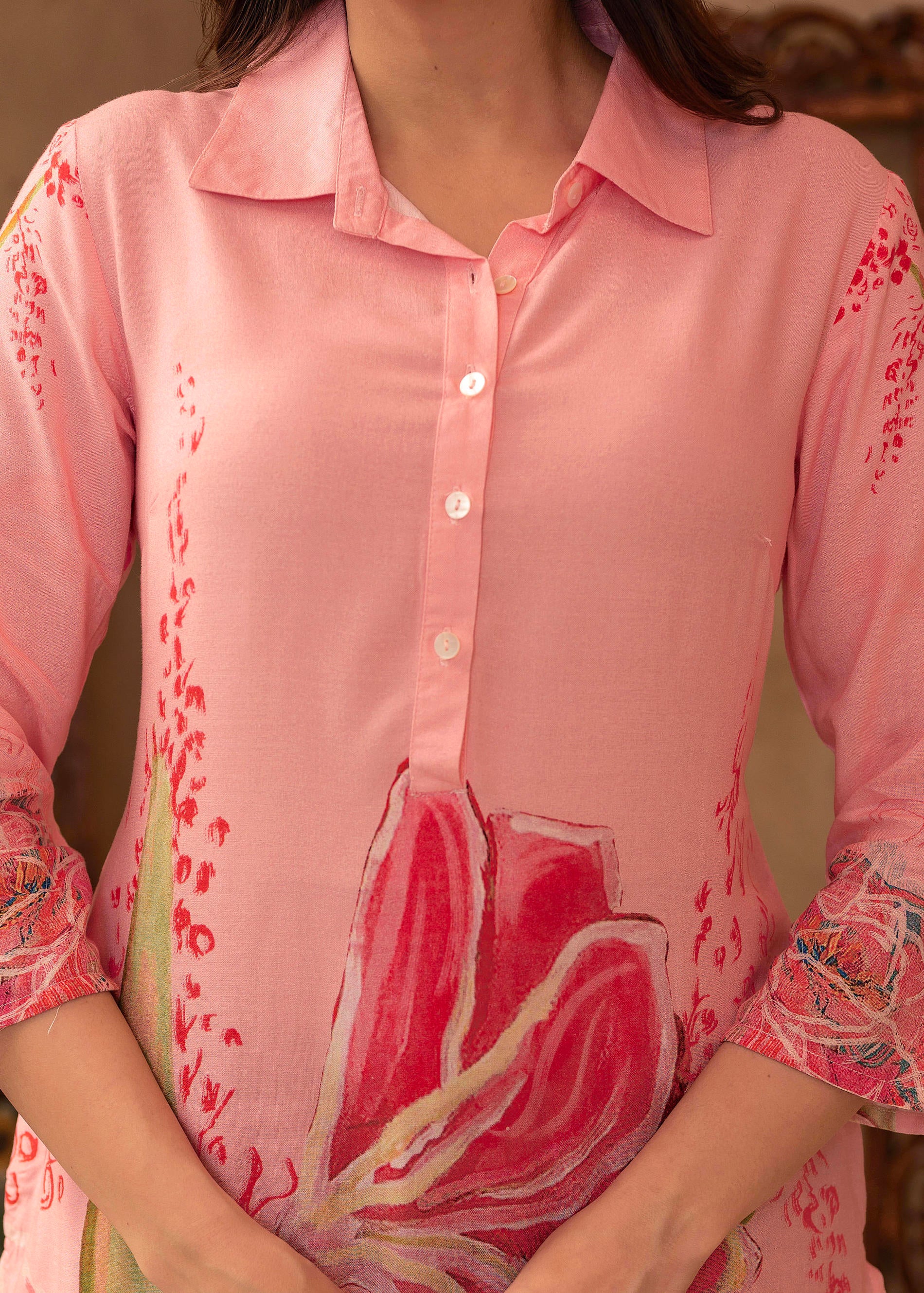 Pink Floral Printed Viscose Kurta with Button Detailing