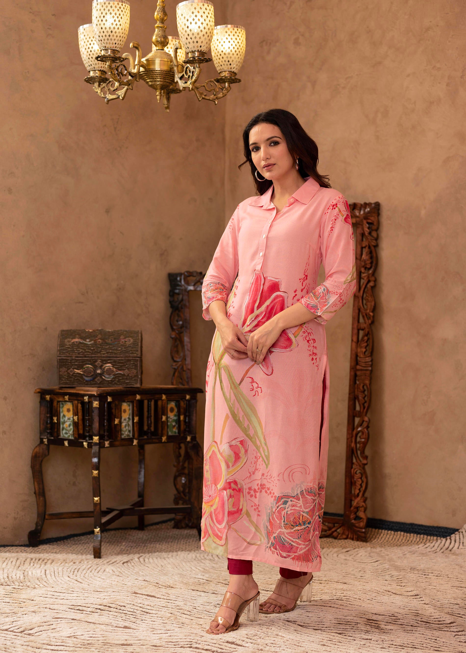 Pink Floral Printed Viscose Kurta with Button Detailing