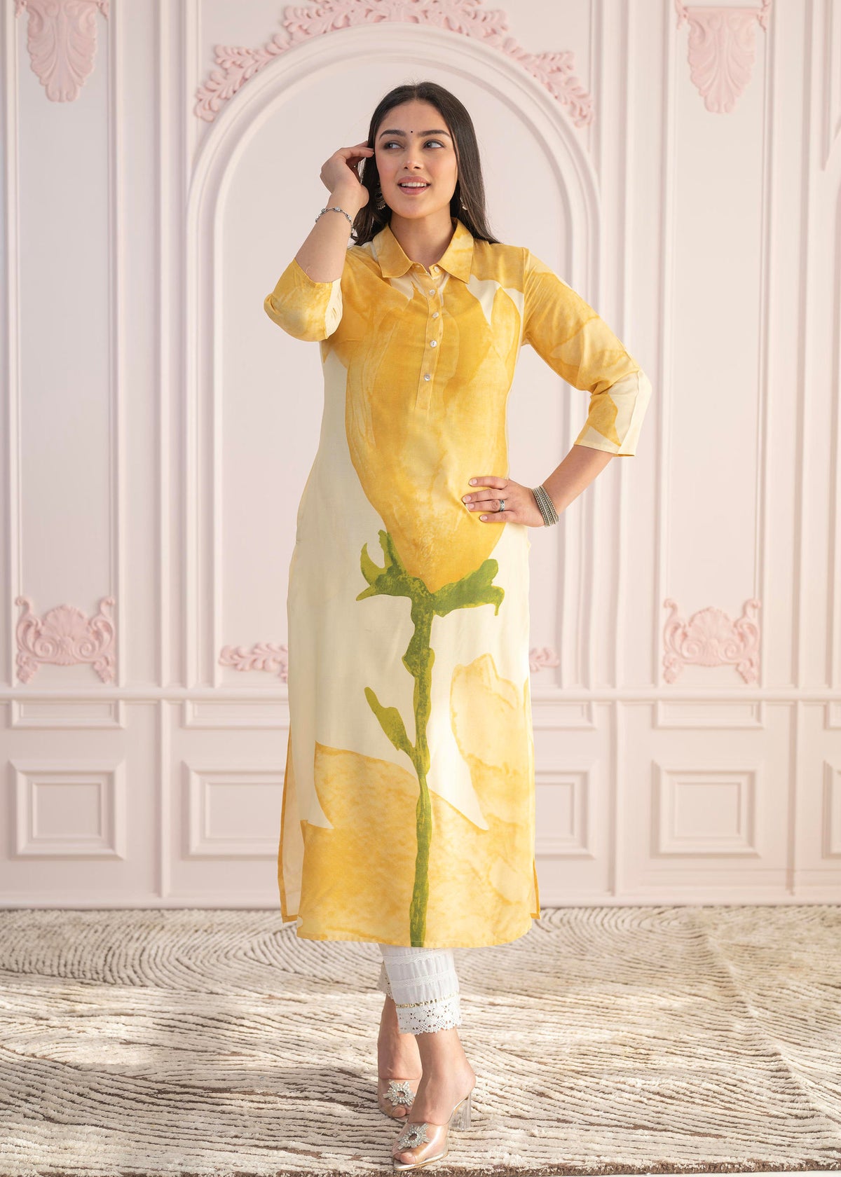 Yellow Floral Printed Viscose Kurta with Button Details-P1331YELLOW