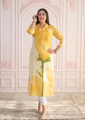 Yellow Floral Printed Viscose Kurta with Button Details-P1331YELLOW