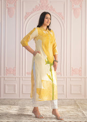 Yellow Floral Printed Viscose Kurta with Button Details-P1331YELLOW