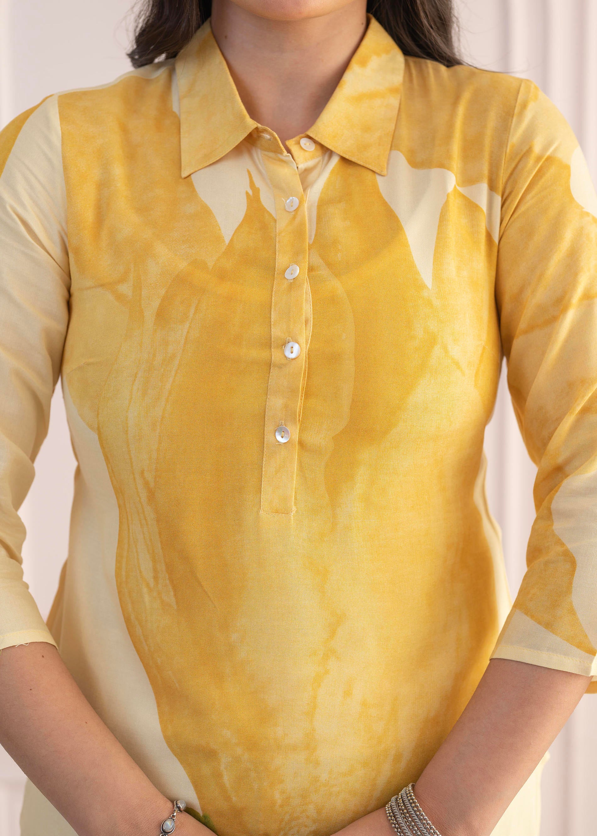 Yellow Floral Printed Viscose Kurta with Button Details