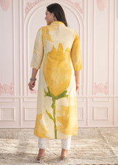 Yellow Floral Printed Viscose Kurta with Button Details-P1331YELLOW