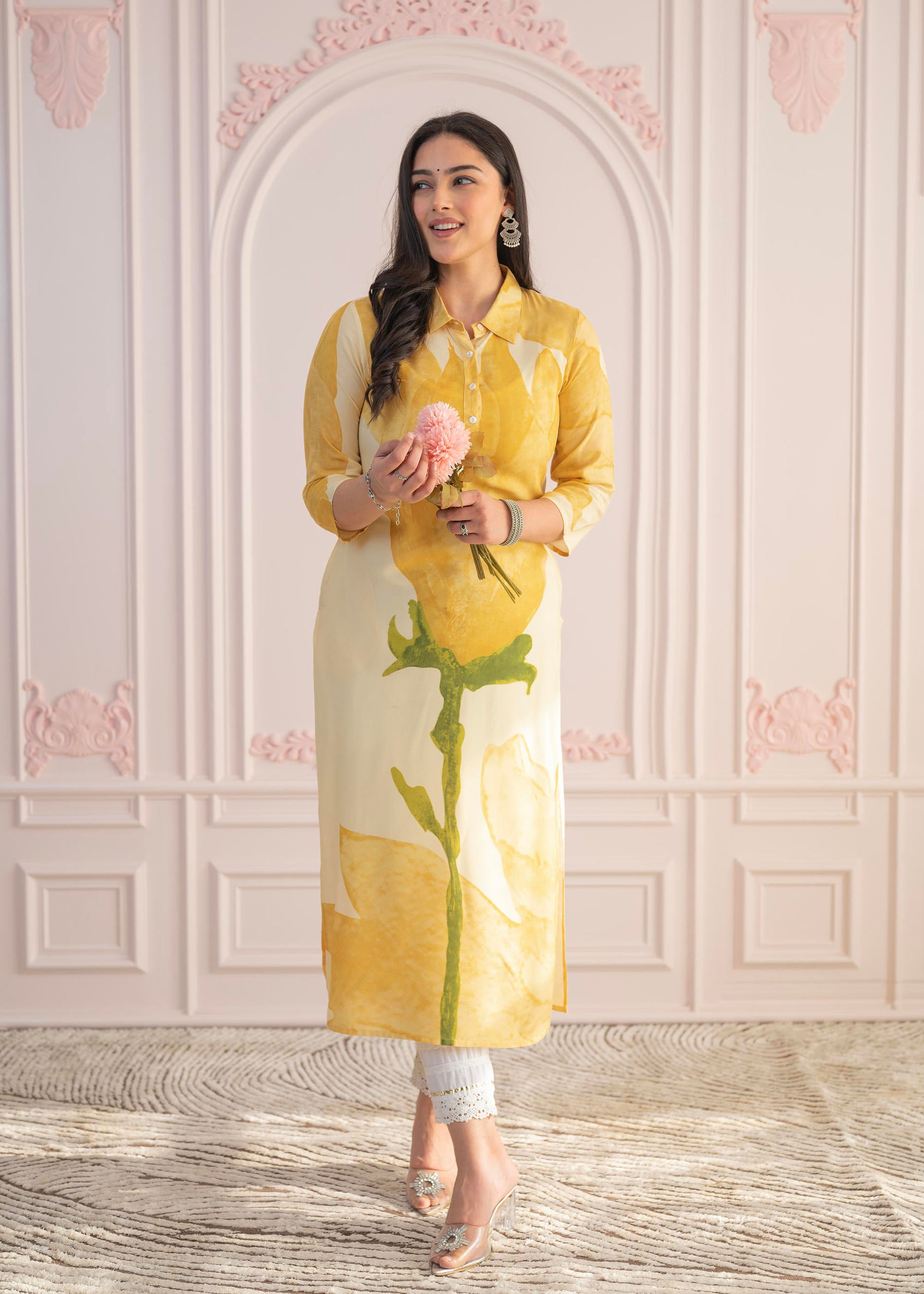 Yellow Floral Printed Viscose Kurta with Button Details