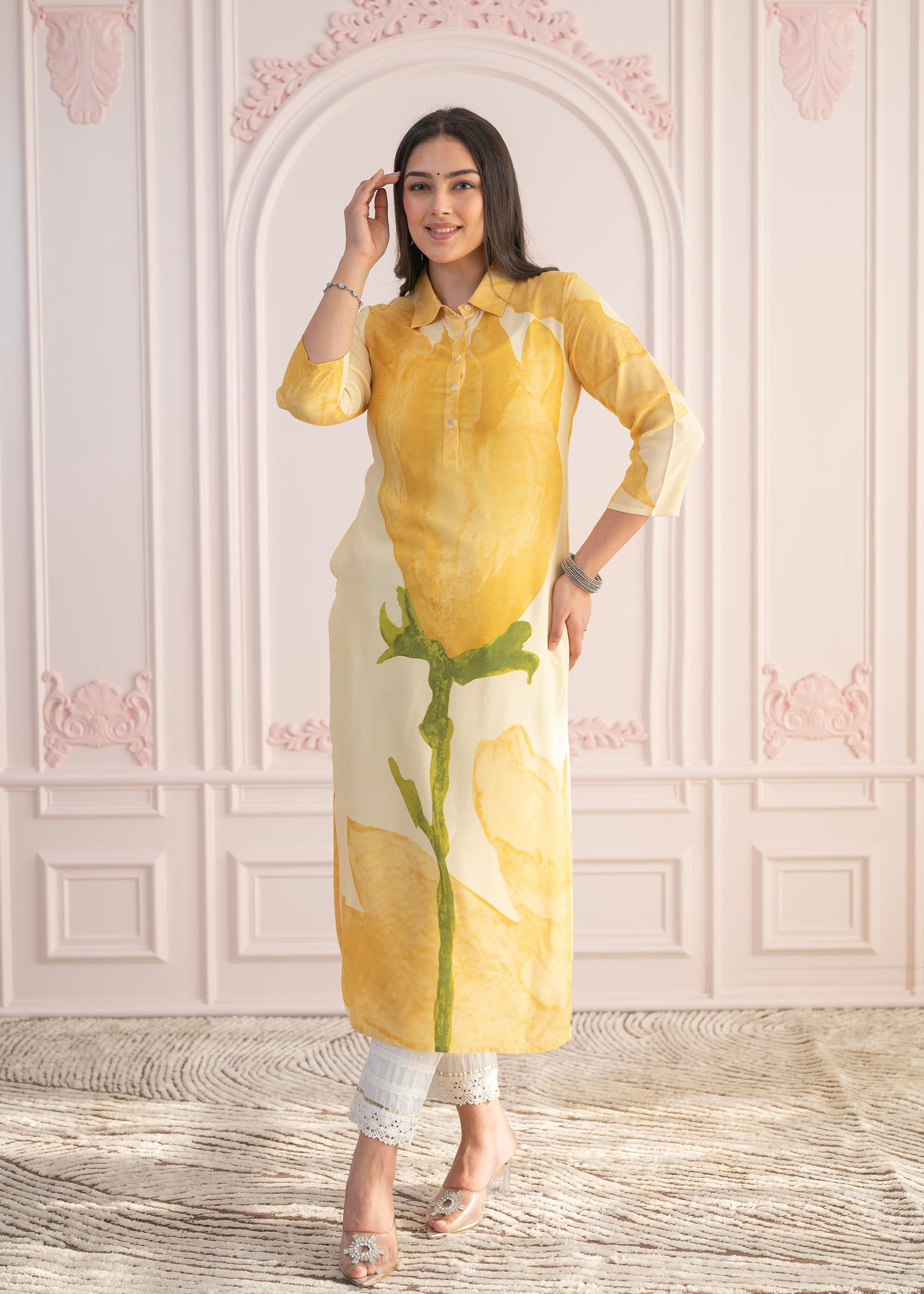 Yellow Floral Printed Viscose Kurta with Button Details