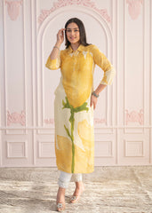 Yellow Floral Printed Viscose Kurta with Button Details-P1331YELLOW