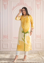 Yellow Floral Printed Viscose Kurta with Button Details-P1331YELLOW
