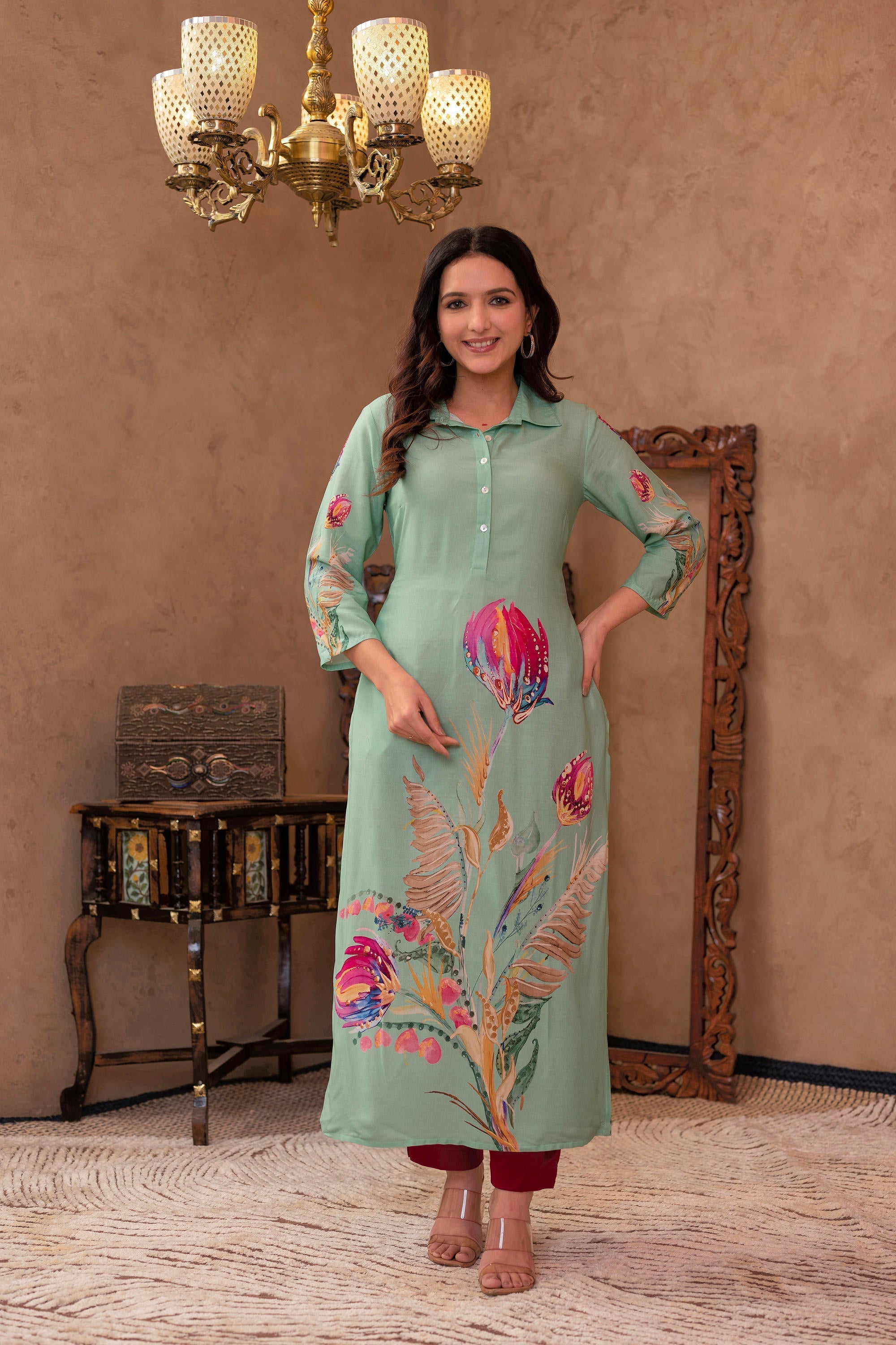 Mint Floral Printed Viscose Kurta with Shell Buttons | DesiQlo