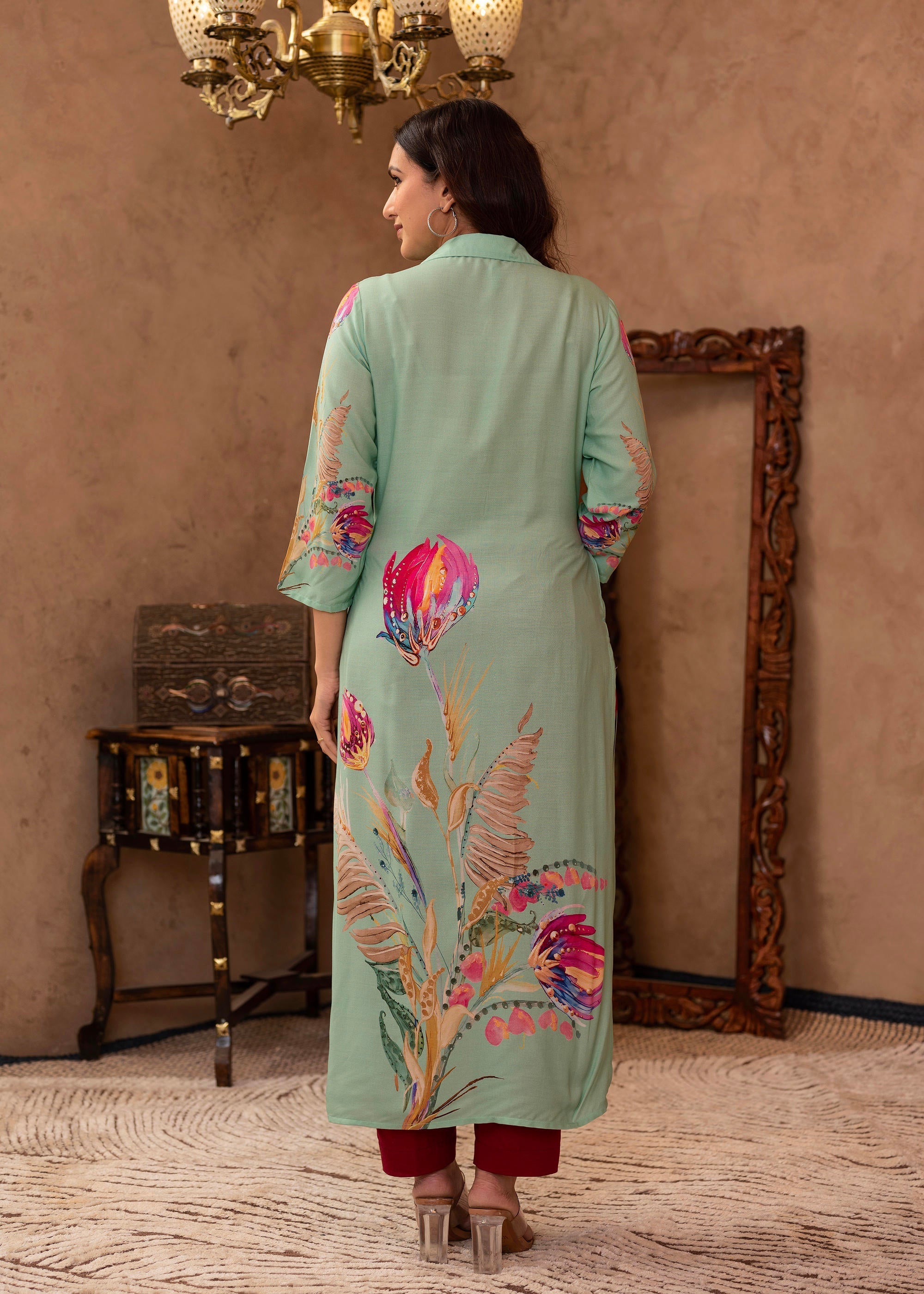 Mint Floral Printed Viscose Kurta with Shell Buttons | DesiQlo