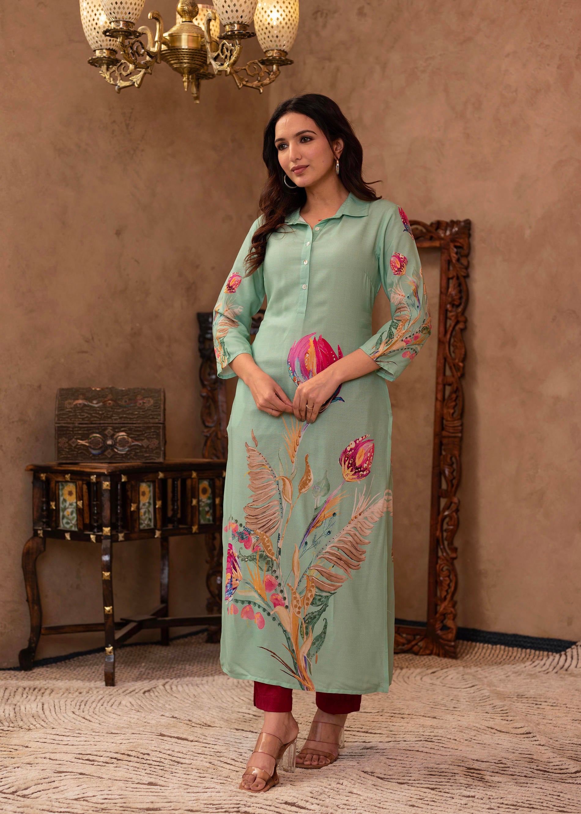 Mint Floral Printed Viscose Kurta with Shell Buttons