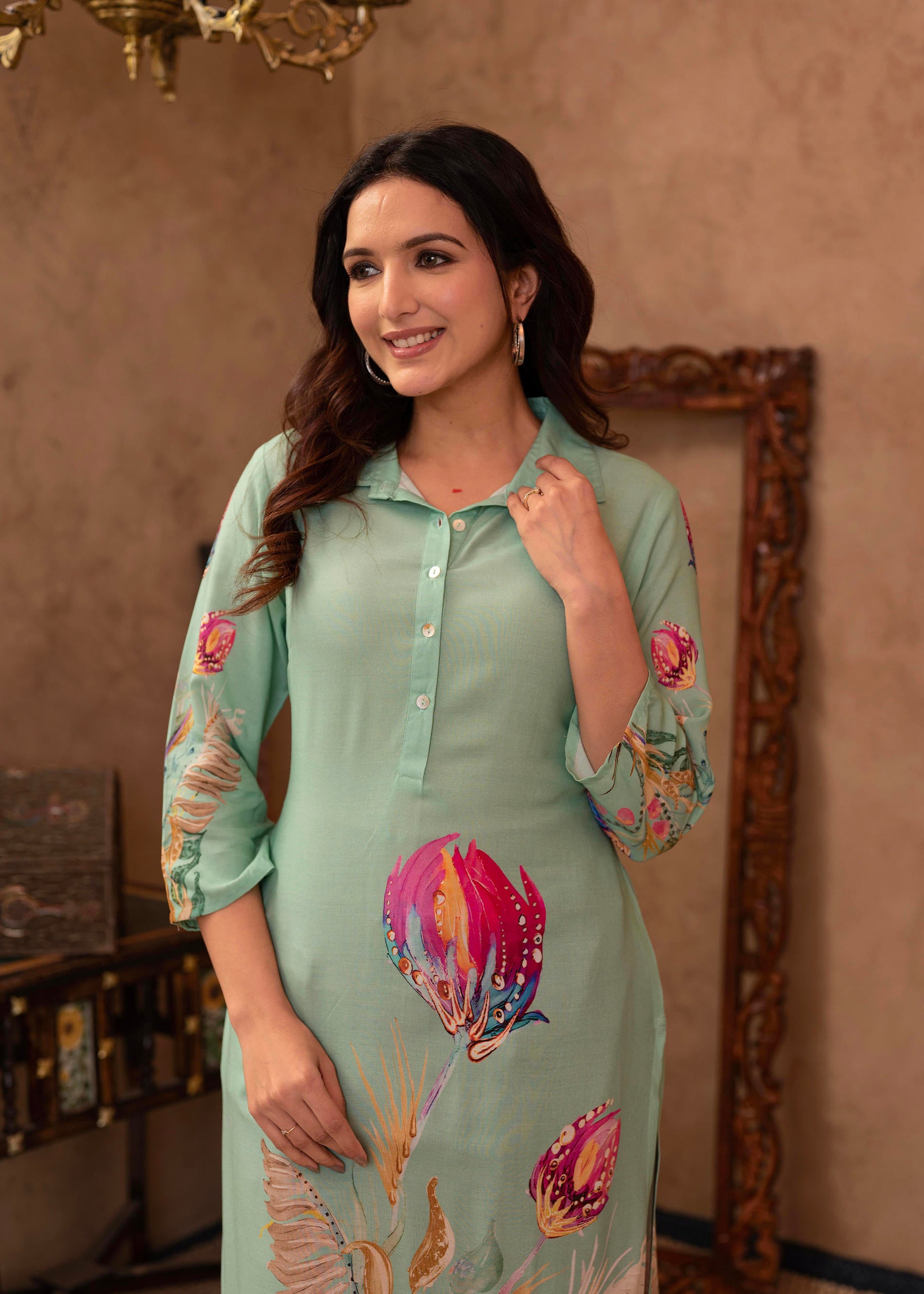 Mint Floral Printed Viscose Kurta with Shell Buttons