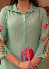 Mint Floral Printed Viscose Kurta with Shell Buttons-P1332MINT