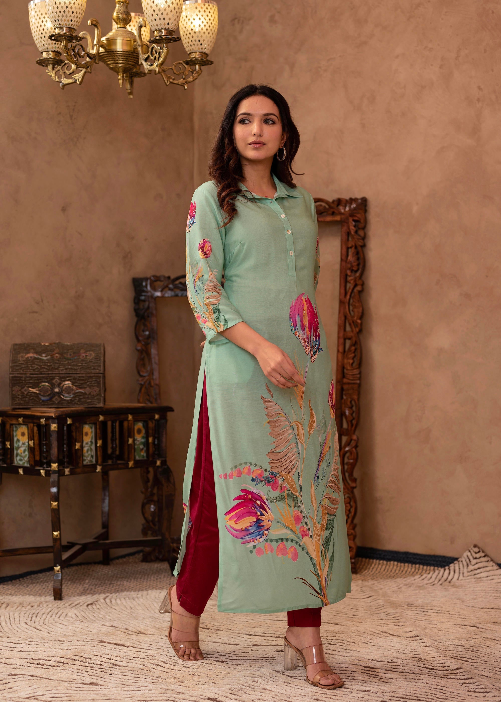 Mint Floral Printed Viscose Kurta with Shell Buttons | DesiQlo