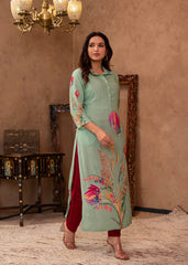 Mint Floral Printed Viscose Kurta with Shell Buttons