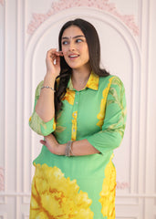 Green & Yellow Printed Viscose Kurta with Button Details-P1334GREEN