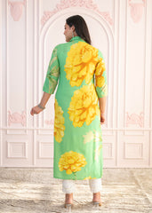 Green & Yellow Printed Viscose Kurta with Button Details-P1334GREEN