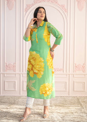 Green & Yellow Printed Viscose Kurta with Button Details-P1334GREEN