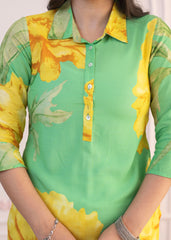 Green & Yellow Printed Viscose Kurta with Button Details-P1334GREEN